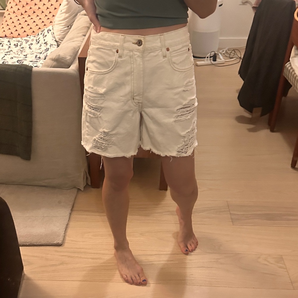 SLVRLAKE Distressed Cream Denim Shorts